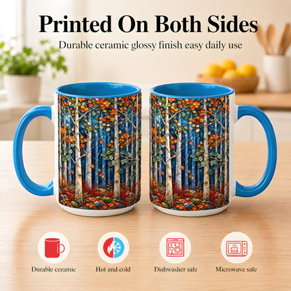 #pl[15oz|Blue] Luminous Birch Forest Coffee Mug, Autumn Mosaic Mug, Ceramic Cup