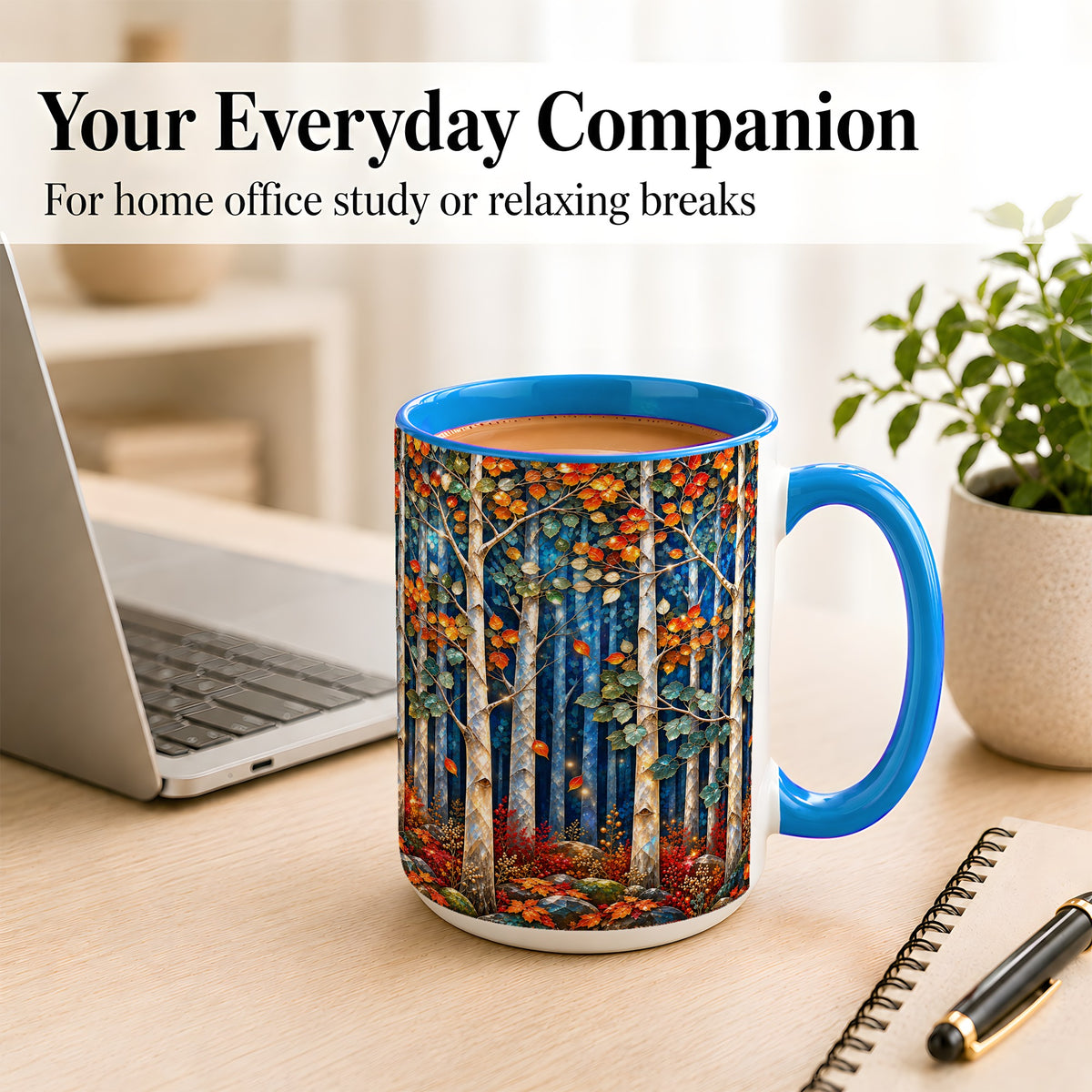 #pl[15oz|Blue] Luminous Birch Forest Coffee Mug, Autumn Mosaic Mug, Ceramic Cup