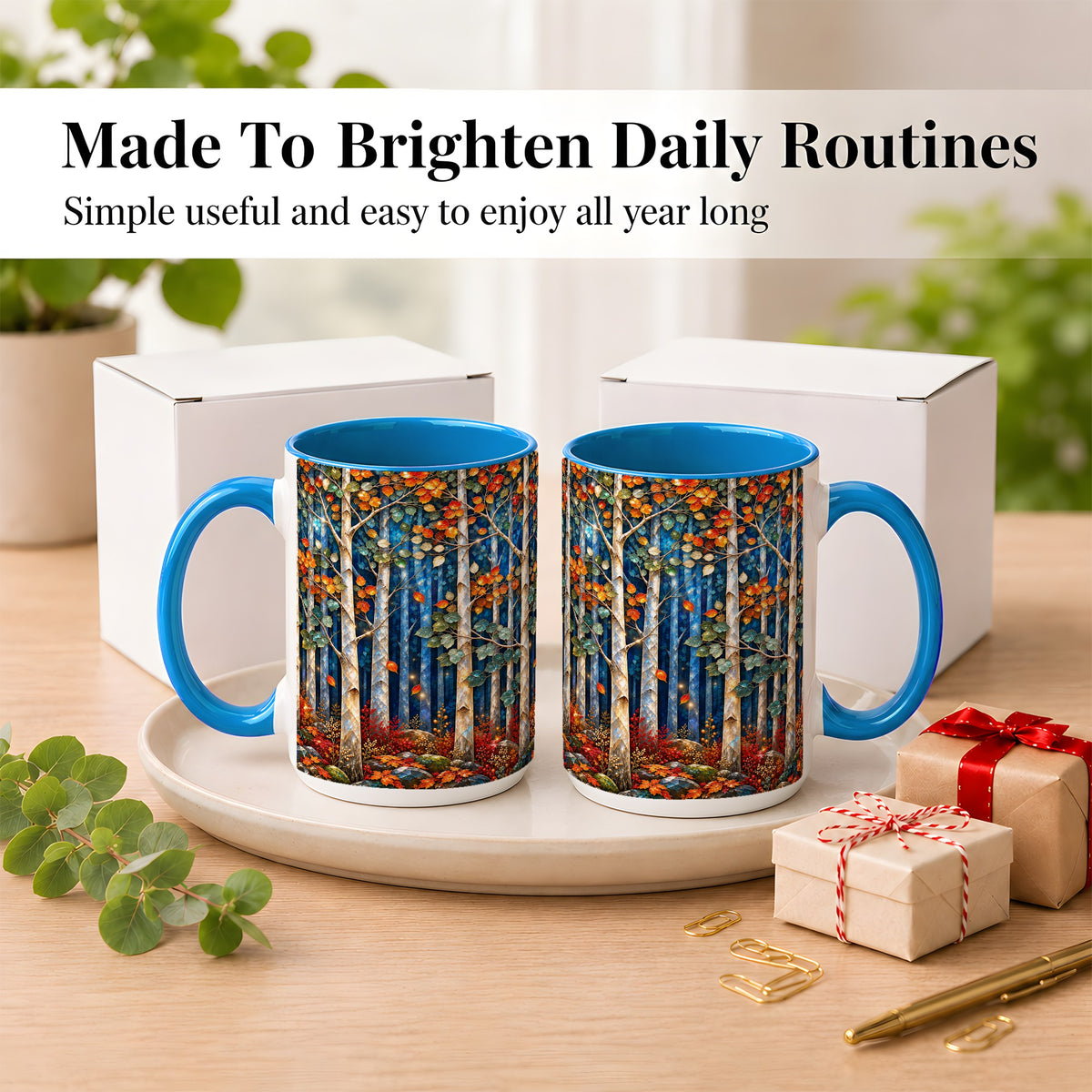 #pl[15oz|Blue] Luminous Birch Forest Coffee Mug, Autumn Mosaic Mug, Ceramic Cup