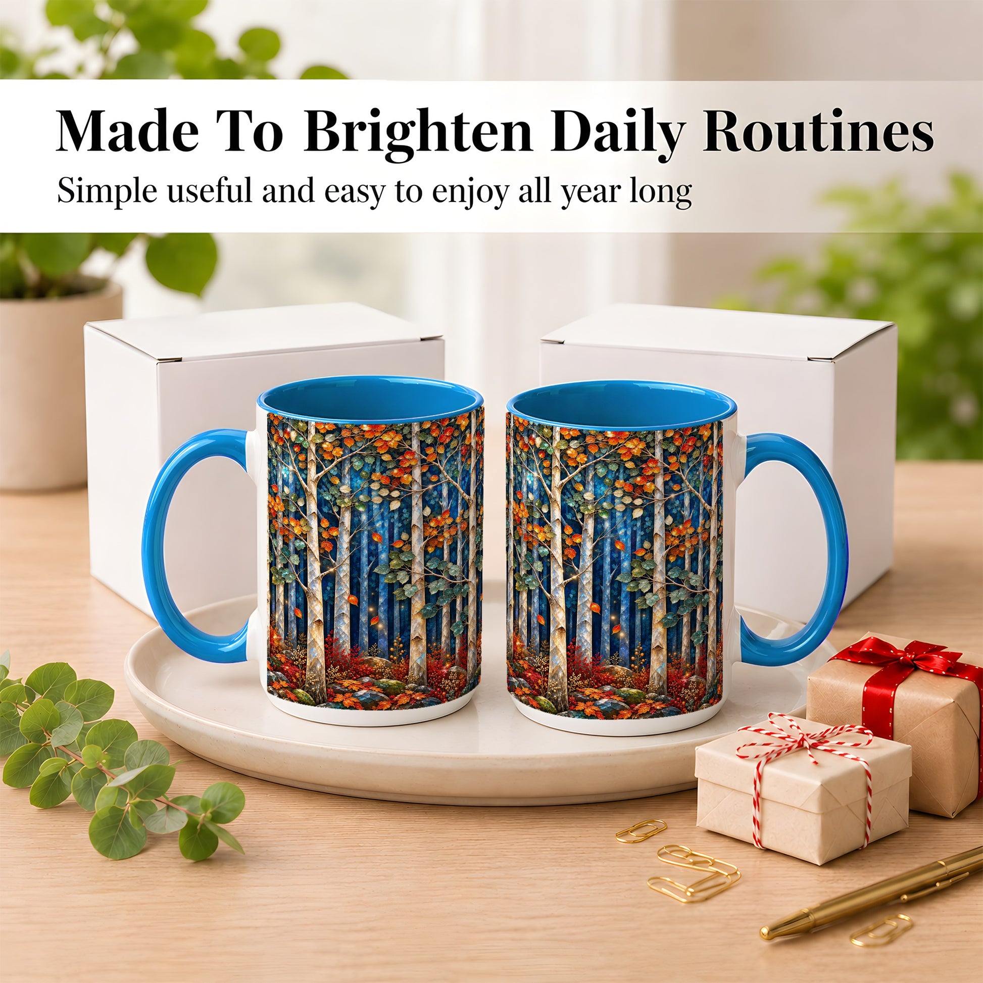 #pl[15oz|Blue] Luminous Birch Forest Coffee Mug, Autumn Mosaic Mug, Ceramic Cup