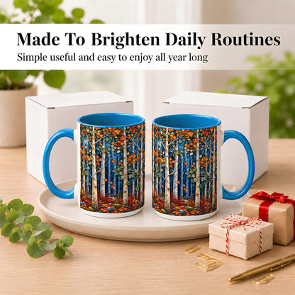 #pl[15oz|Blue] Luminous Birch Forest Coffee Mug, Autumn Mosaic Mug, Ceramic Cup