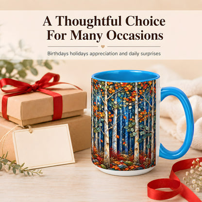 #pl[15oz|Blue] Luminous Birch Forest Coffee Mug, Autumn Mosaic Mug, Ceramic Cup