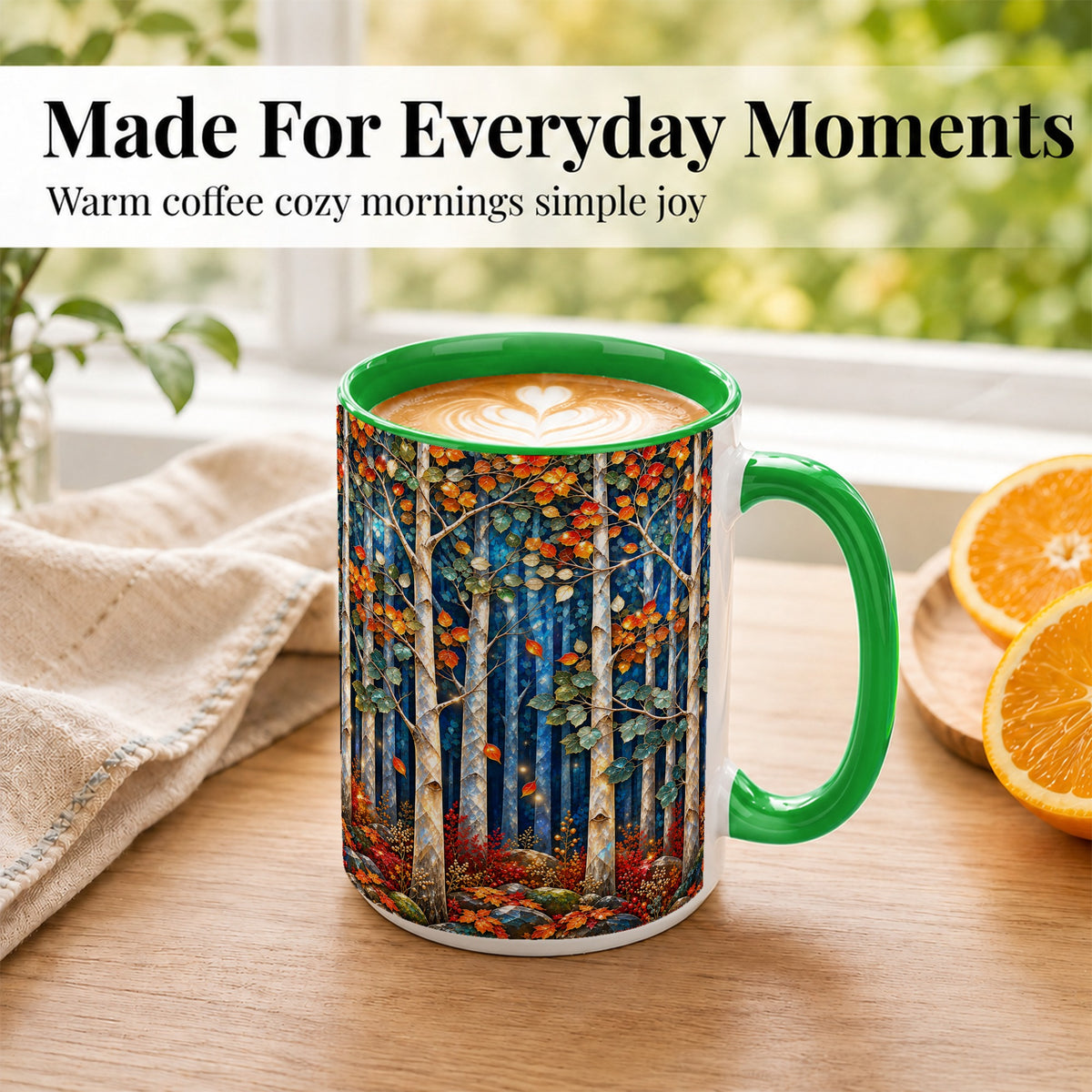 #pl[15oz|Green] Luminous Birch Forest Coffee Mug, Autumn Mosaic Mug, Ceramic Cup