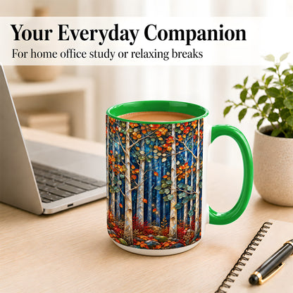 #pl[15oz|Green] Luminous Birch Forest Coffee Mug, Autumn Mosaic Mug, Ceramic Cup