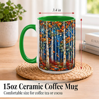 #pl[15oz|Green] Luminous Birch Forest Coffee Mug, Autumn Mosaic Mug, Ceramic Cup