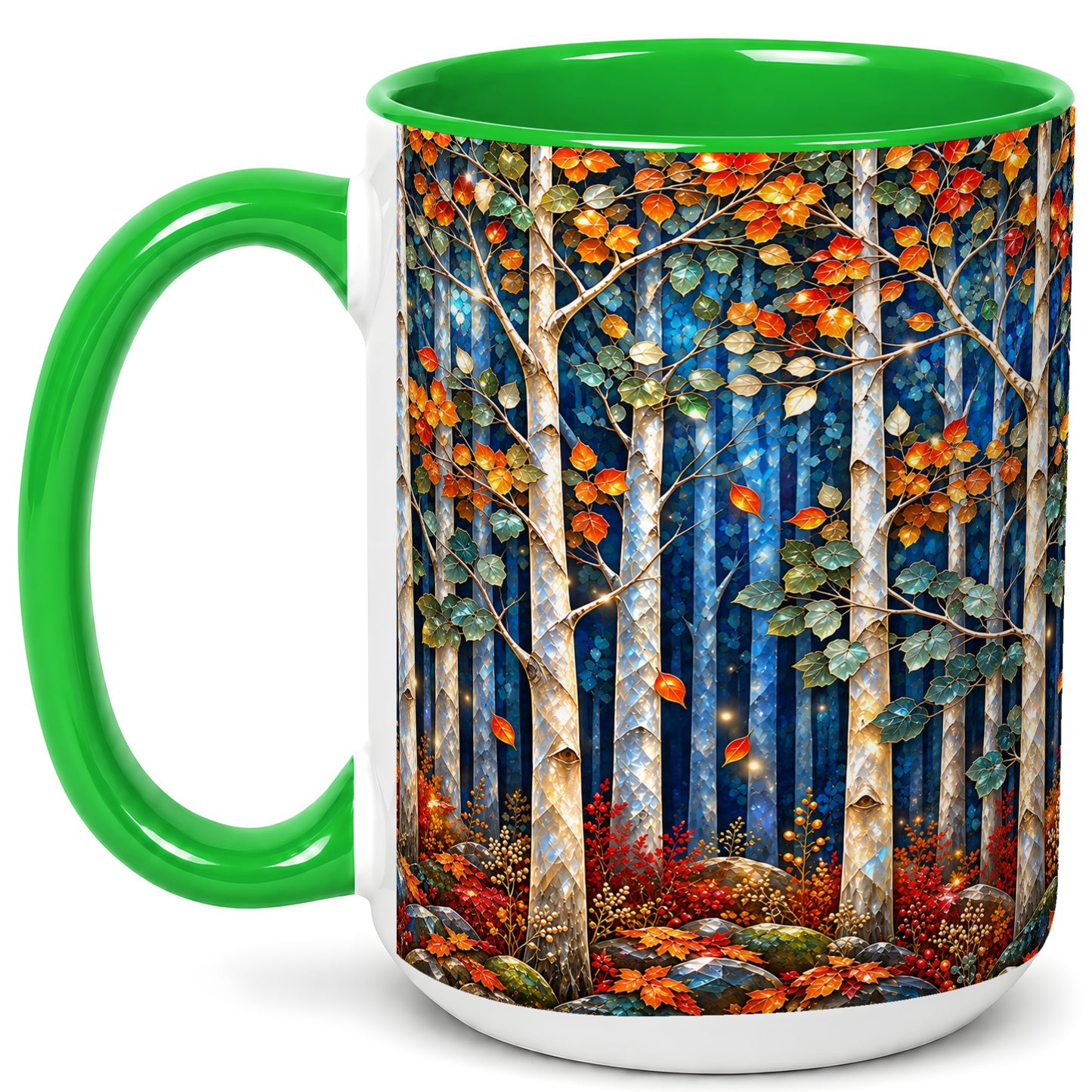 #pl[15oz|Green] Luminous Birch Forest Coffee Mug, Autumn Mosaic Mug, Ceramic Cup