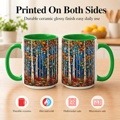 #pl[15oz|Green] Luminous Birch Forest Coffee Mug, Autumn Mosaic Mug, Ceramic Cup