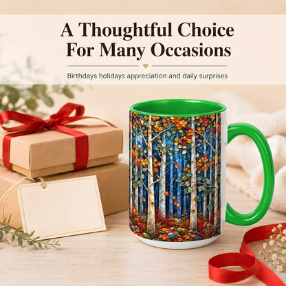 #pl[15oz|Green] Luminous Birch Forest Coffee Mug, Autumn Mosaic Mug, Ceramic Cup