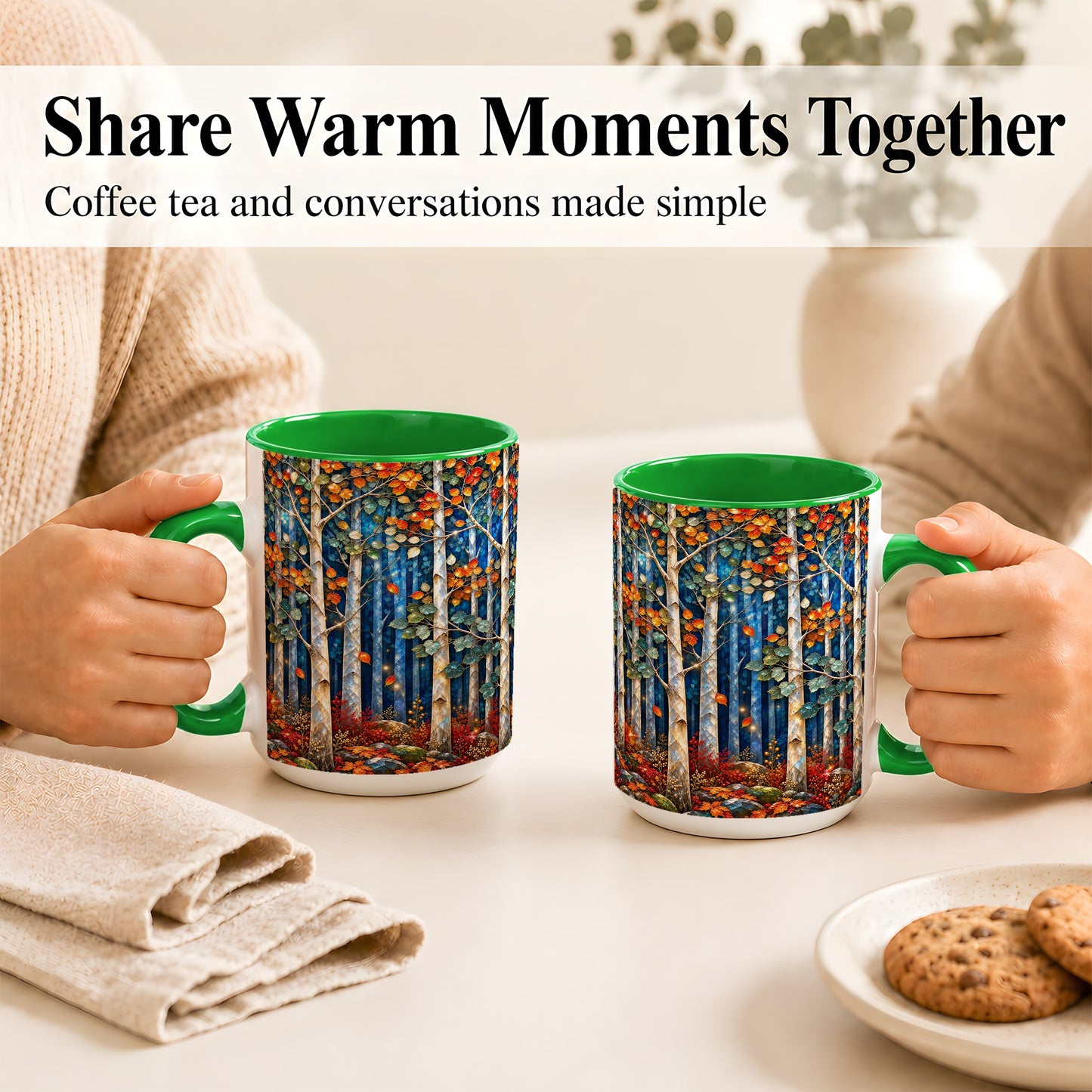 #pl[15oz|Green] Luminous Birch Forest Coffee Mug, Autumn Mosaic Mug, Ceramic Cup