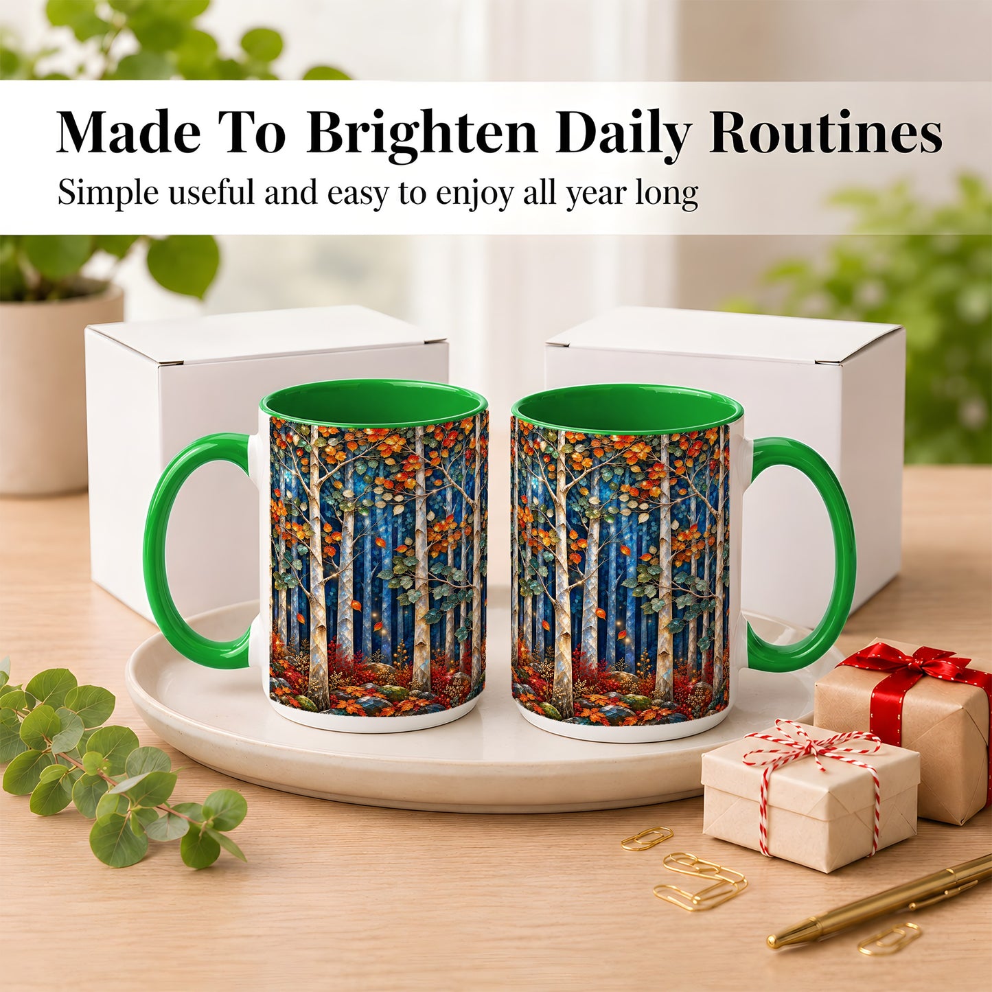 #pl[15oz|Green] Luminous Birch Forest Coffee Mug, Autumn Mosaic Mug, Ceramic Cup