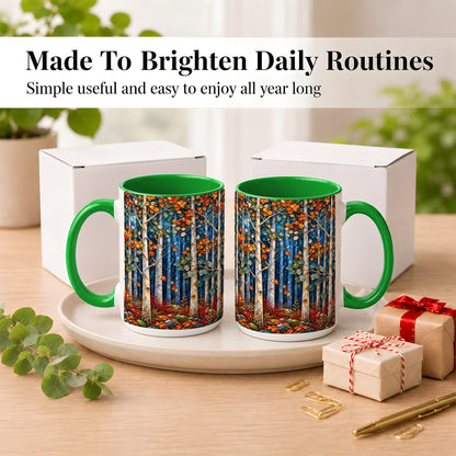 #pl[15oz|Green] Luminous Birch Forest Coffee Mug, Autumn Mosaic Mug, Ceramic Cup
