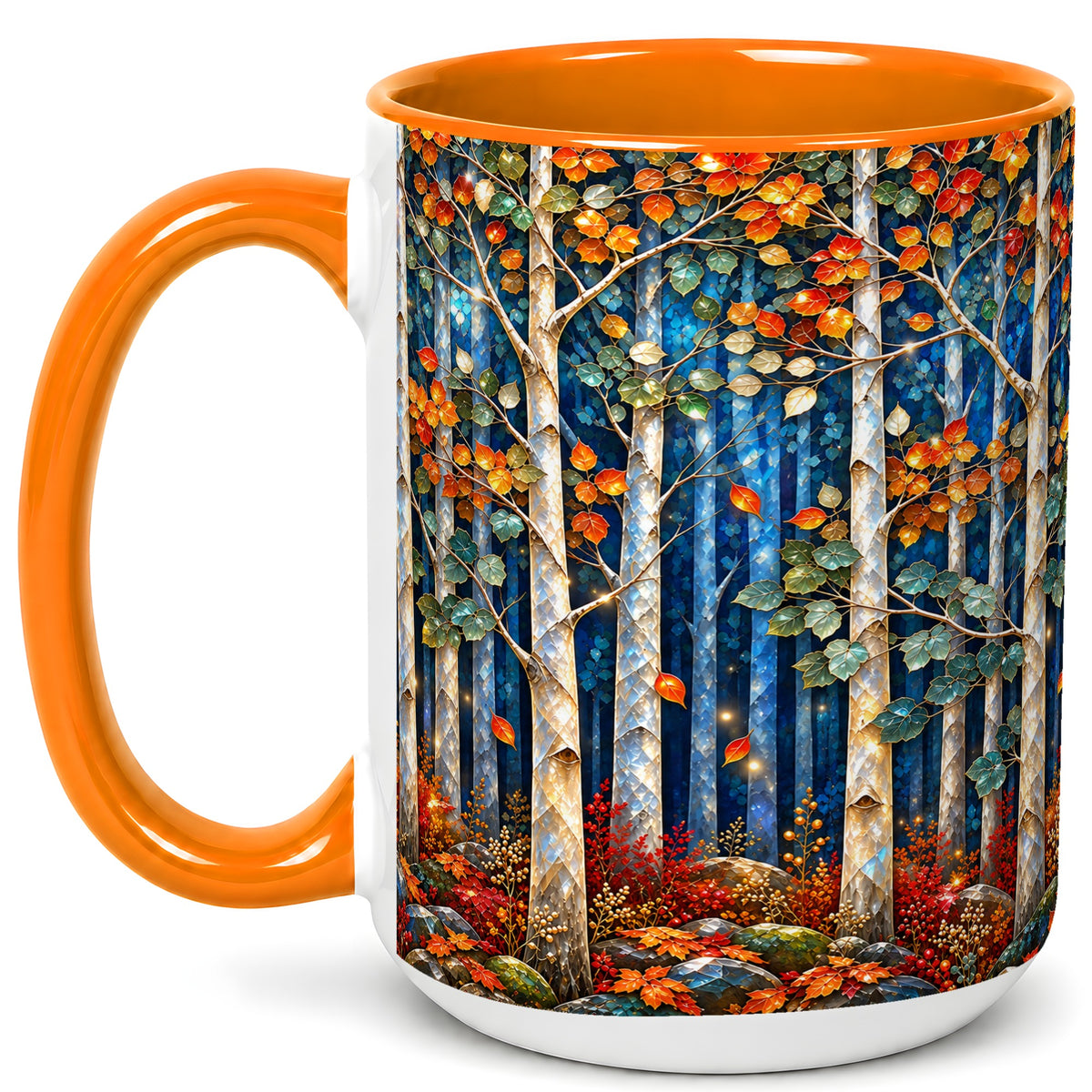 #pl[15oz|Orange] Luminous Birch Forest Coffee Mug, Autumn Mosaic Mug, Ceramic Cup