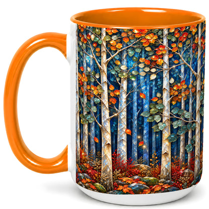 #pl[15oz|Orange] Luminous Birch Forest Coffee Mug, Autumn Mosaic Mug, Ceramic Cup