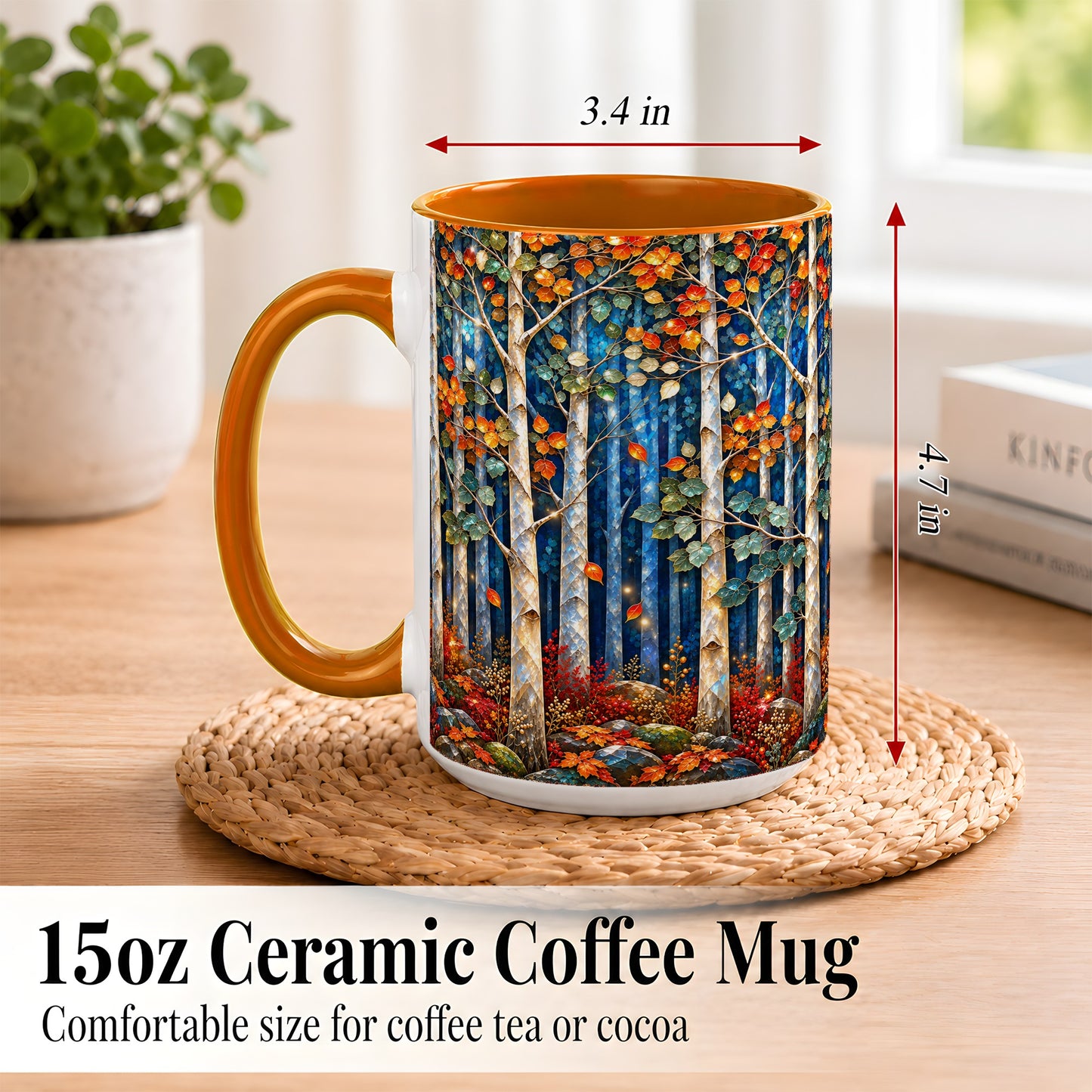 #pl[15oz|Orange] Luminous Birch Forest Coffee Mug, Autumn Mosaic Mug, Ceramic Cup