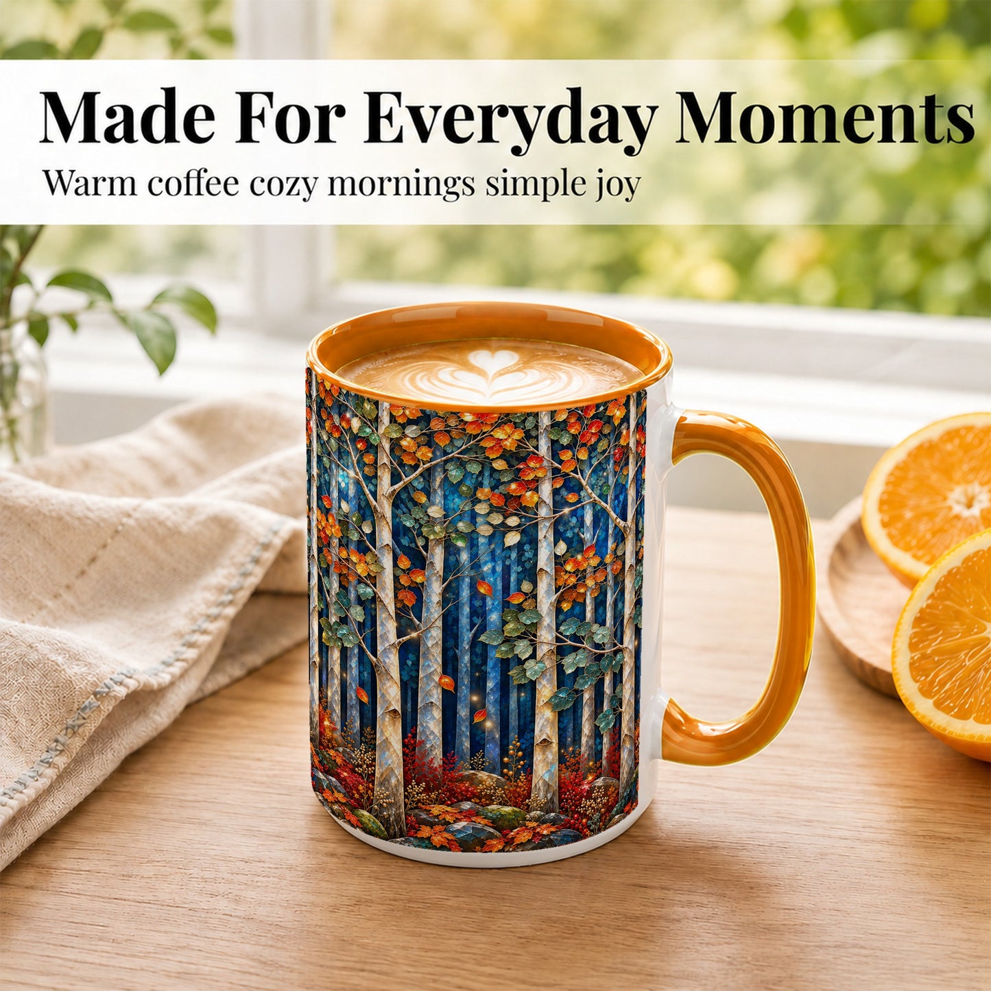 #pl[15oz|Orange] Luminous Birch Forest Coffee Mug, Autumn Mosaic Mug, Ceramic Cup