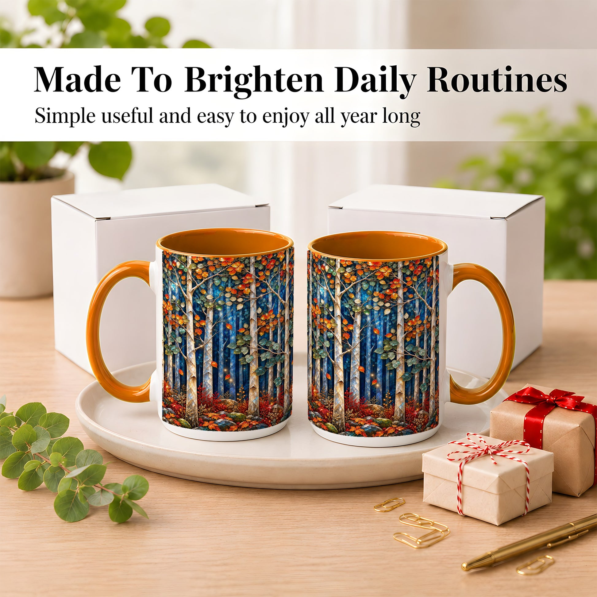 #pl[15oz|Orange] Luminous Birch Forest Coffee Mug, Autumn Mosaic Mug, Ceramic Cup