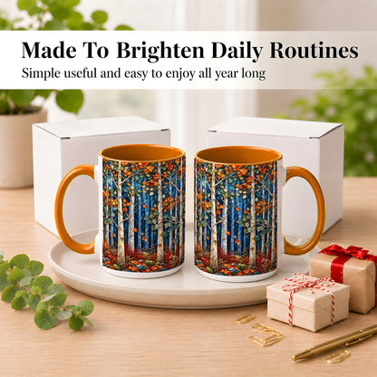 #pl[15oz|Orange] Luminous Birch Forest Coffee Mug, Autumn Mosaic Mug, Ceramic Cup