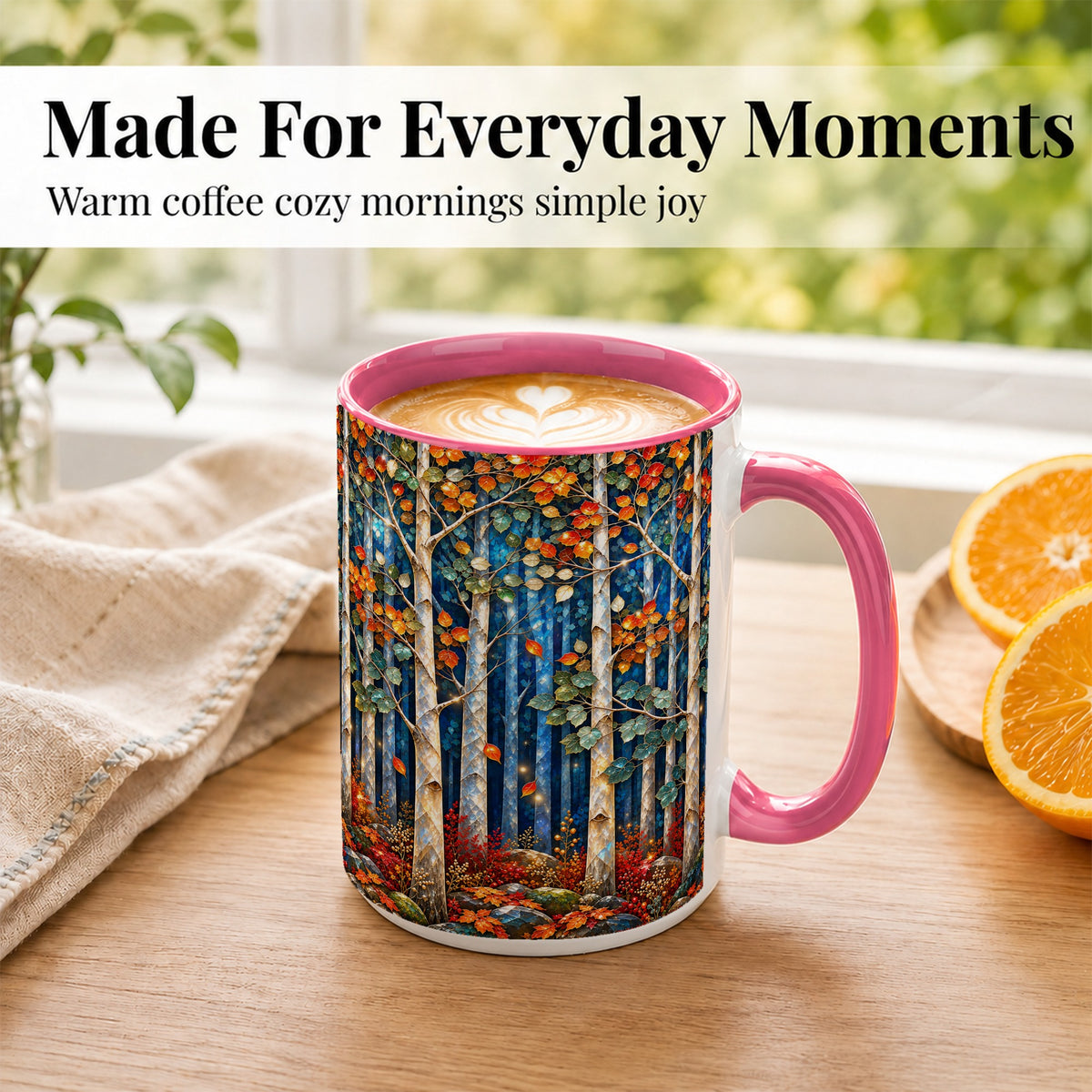 #pl[15oz|Pink] Luminous Birch Forest Coffee Mug, Autumn Mosaic Mug, Ceramic Cup