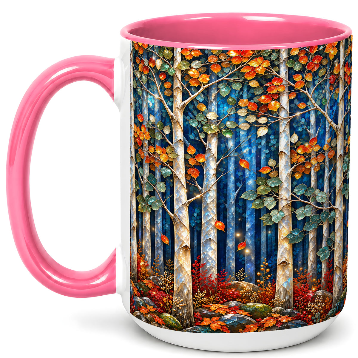 #pl[15oz|Pink] Luminous Birch Forest Coffee Mug, Autumn Mosaic Mug, Ceramic Cup