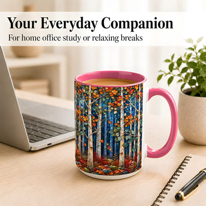 #pl[15oz|Pink] Luminous Birch Forest Coffee Mug, Autumn Mosaic Mug, Ceramic Cup