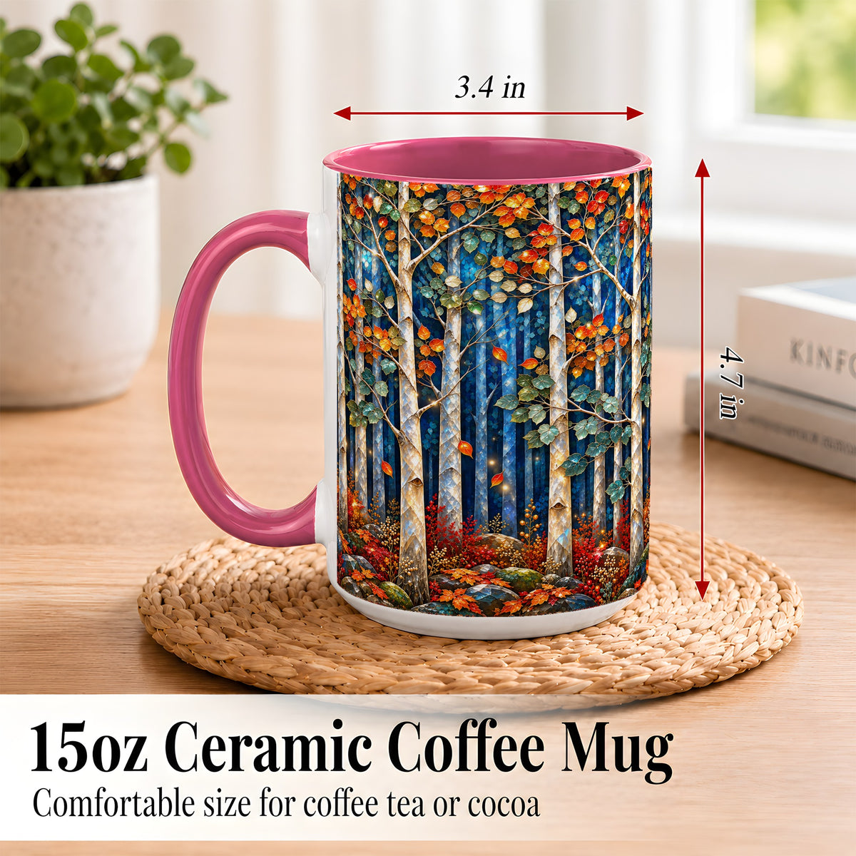 #pl[15oz|Pink] Luminous Birch Forest Coffee Mug, Autumn Mosaic Mug, Ceramic Cup