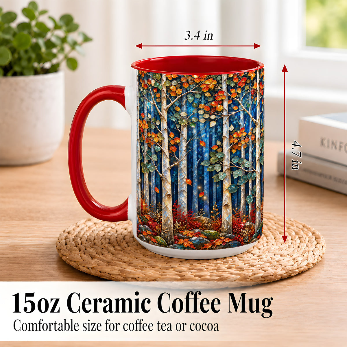 #pl[15oz|Red] Luminous Birch Forest Coffee Mug, Autumn Mosaic Mug, Ceramic Cup