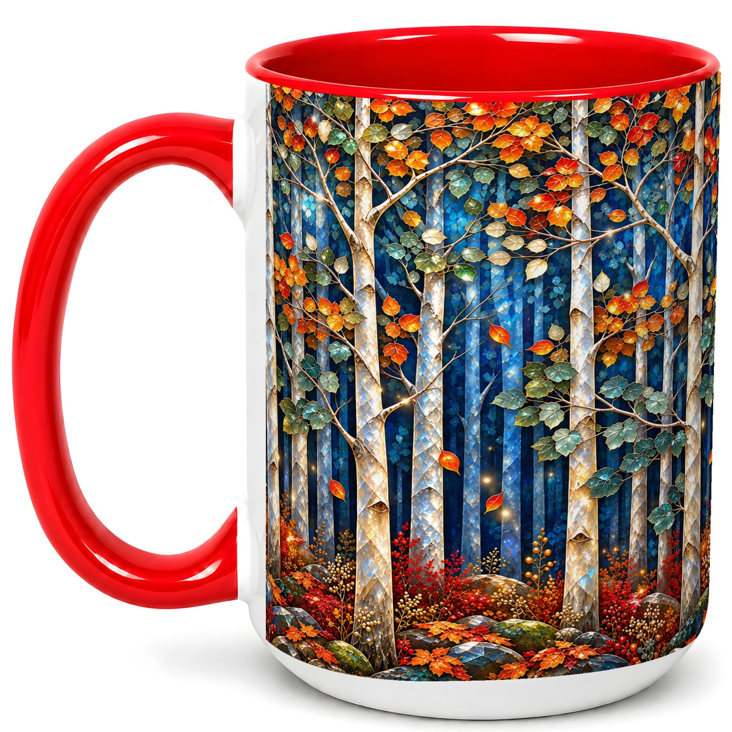 #pl[15oz|Red] Luminous Birch Forest Coffee Mug, Autumn Mosaic Mug, Ceramic Cup