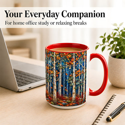 #pl[15oz|Red] Luminous Birch Forest Coffee Mug, Autumn Mosaic Mug, Ceramic Cup