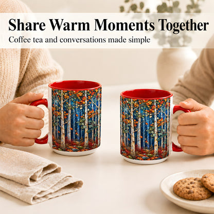 #pl[15oz|Red] Luminous Birch Forest Coffee Mug, Autumn Mosaic Mug, Ceramic Cup