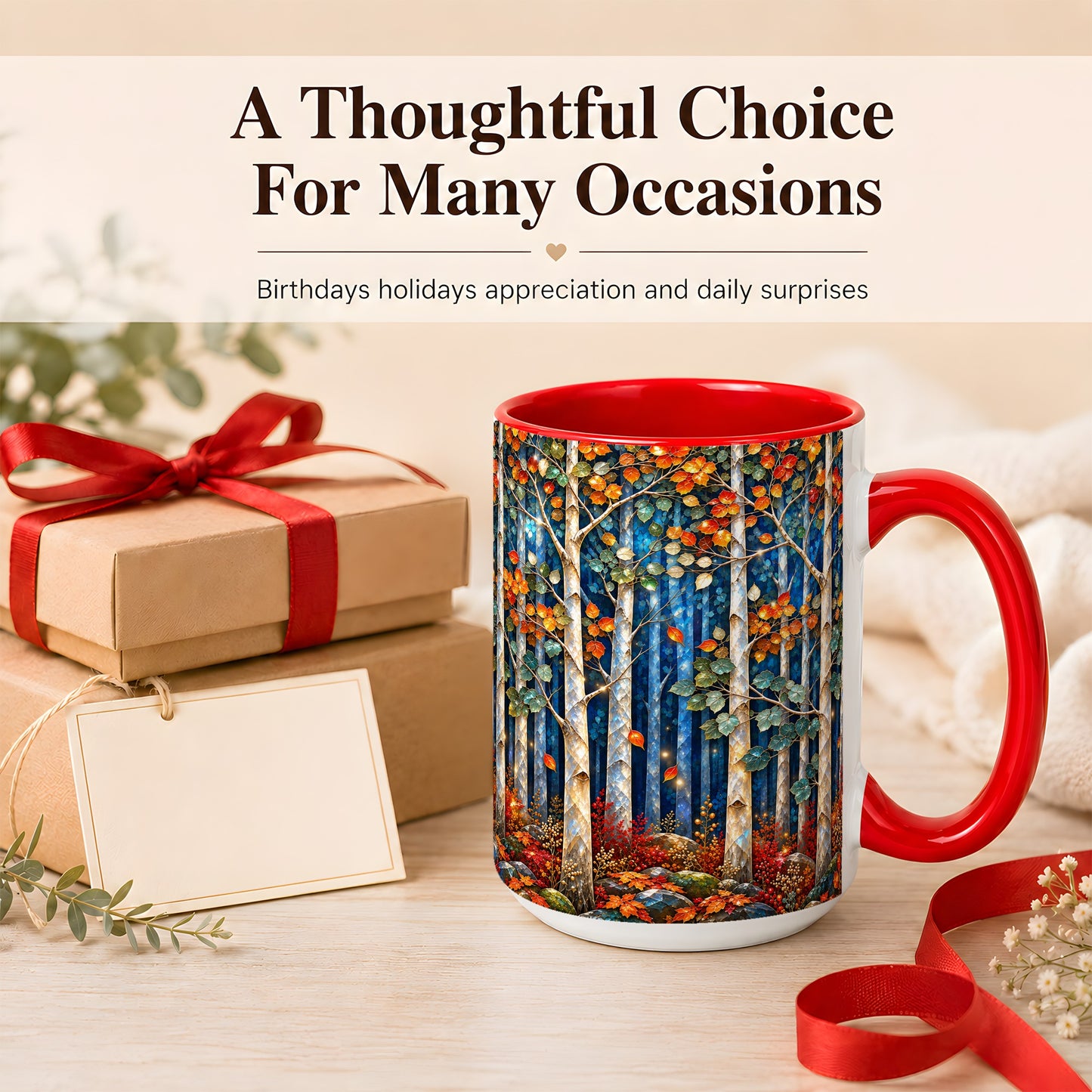 #pl[15oz|Red] Luminous Birch Forest Coffee Mug, Autumn Mosaic Mug, Ceramic Cup