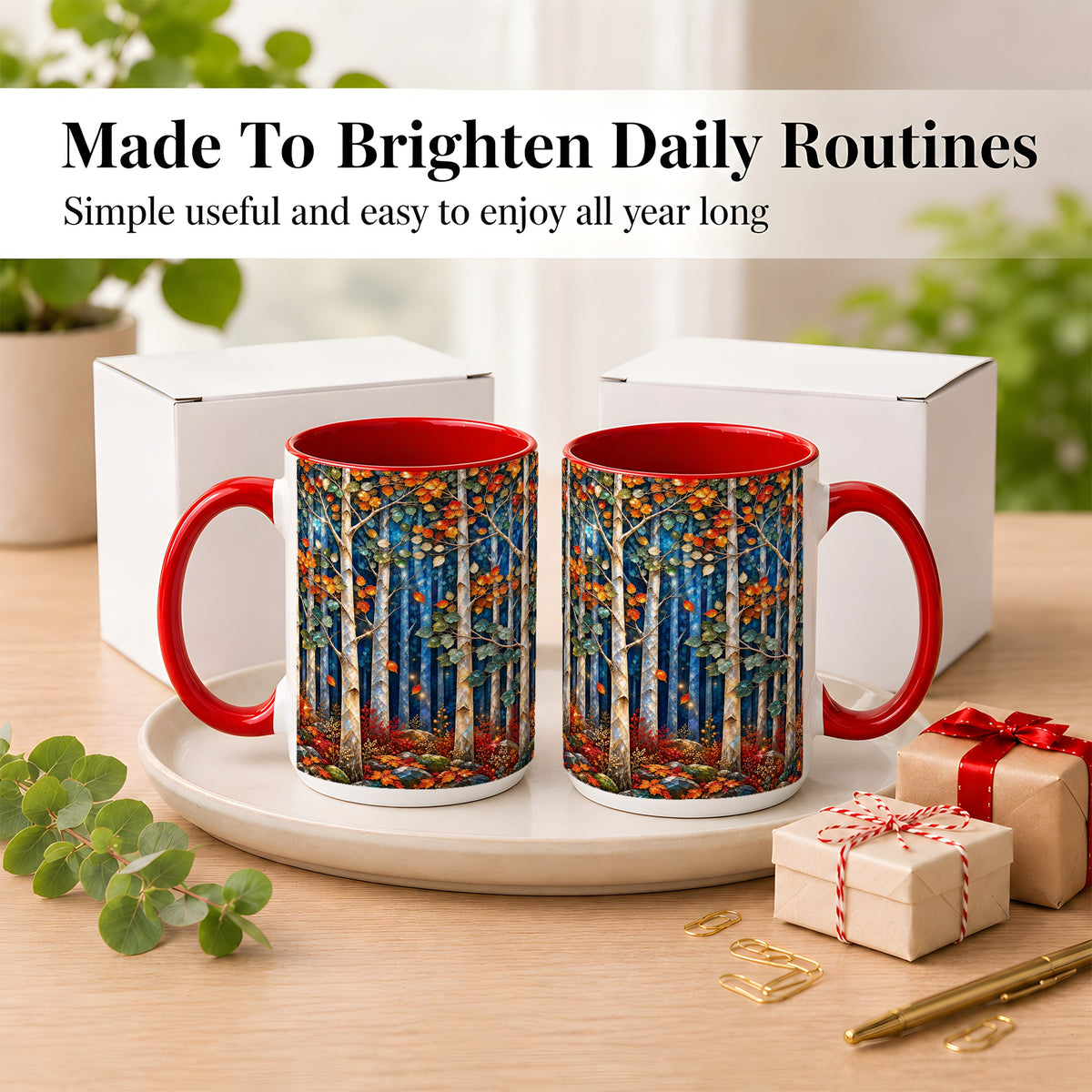 #pl[15oz|Red] Luminous Birch Forest Coffee Mug, Autumn Mosaic Mug, Ceramic Cup
