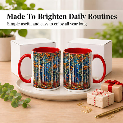 #pl[15oz|Red] Luminous Birch Forest Coffee Mug, Autumn Mosaic Mug, Ceramic Cup