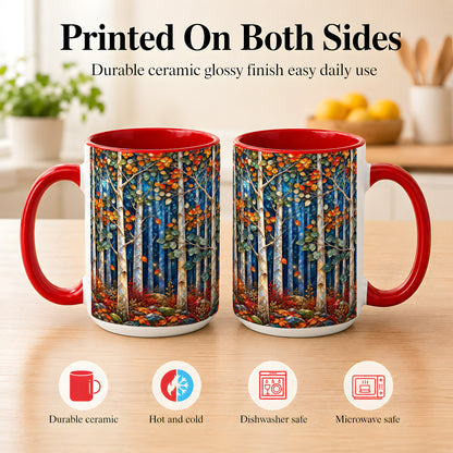 #pl[15oz|Red] Luminous Birch Forest Coffee Mug, Autumn Mosaic Mug, Ceramic Cup