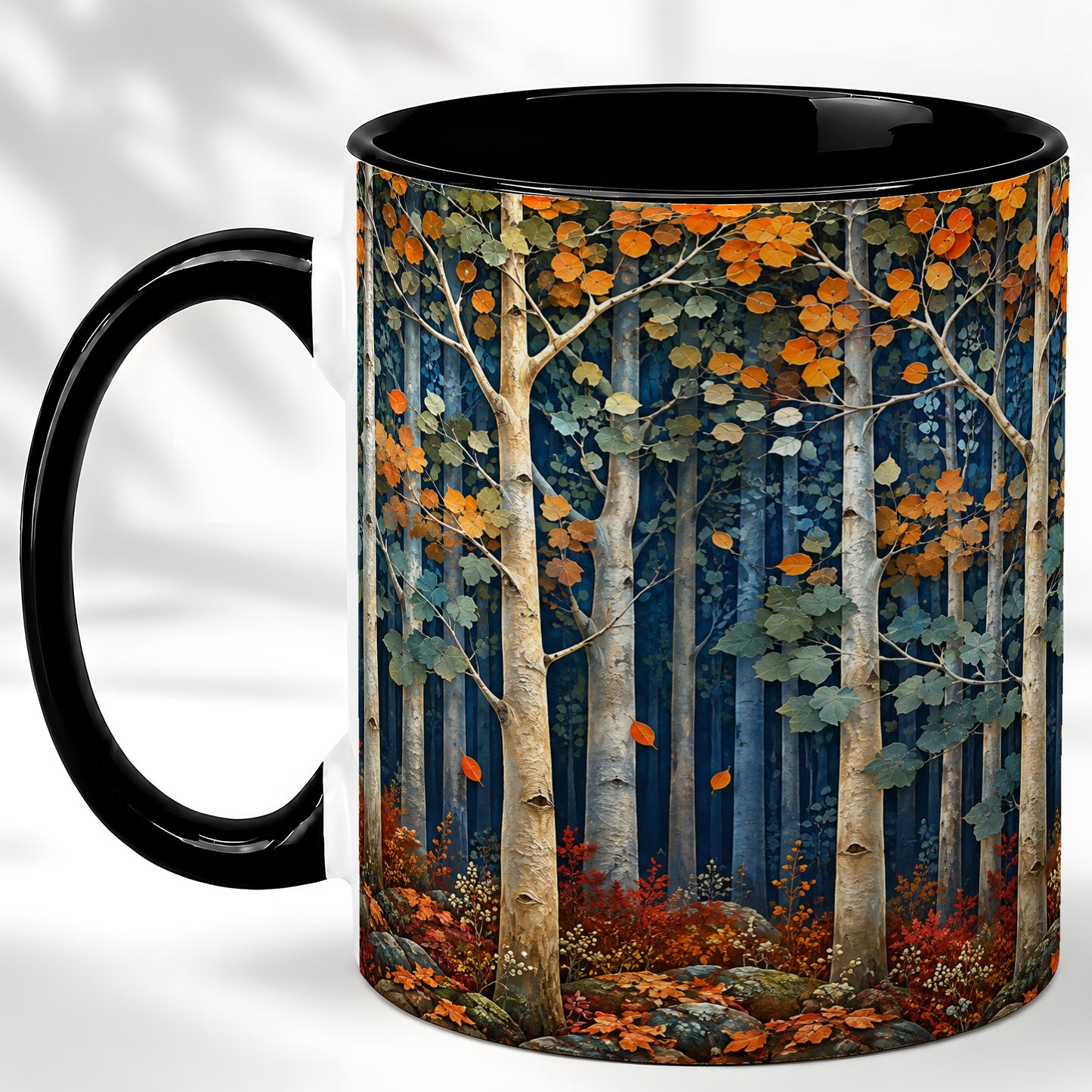 #pl[11oz|Black] Painterly Birch Grove Coffee Mug, Autumn Woodland Mug, Ceramic Cup