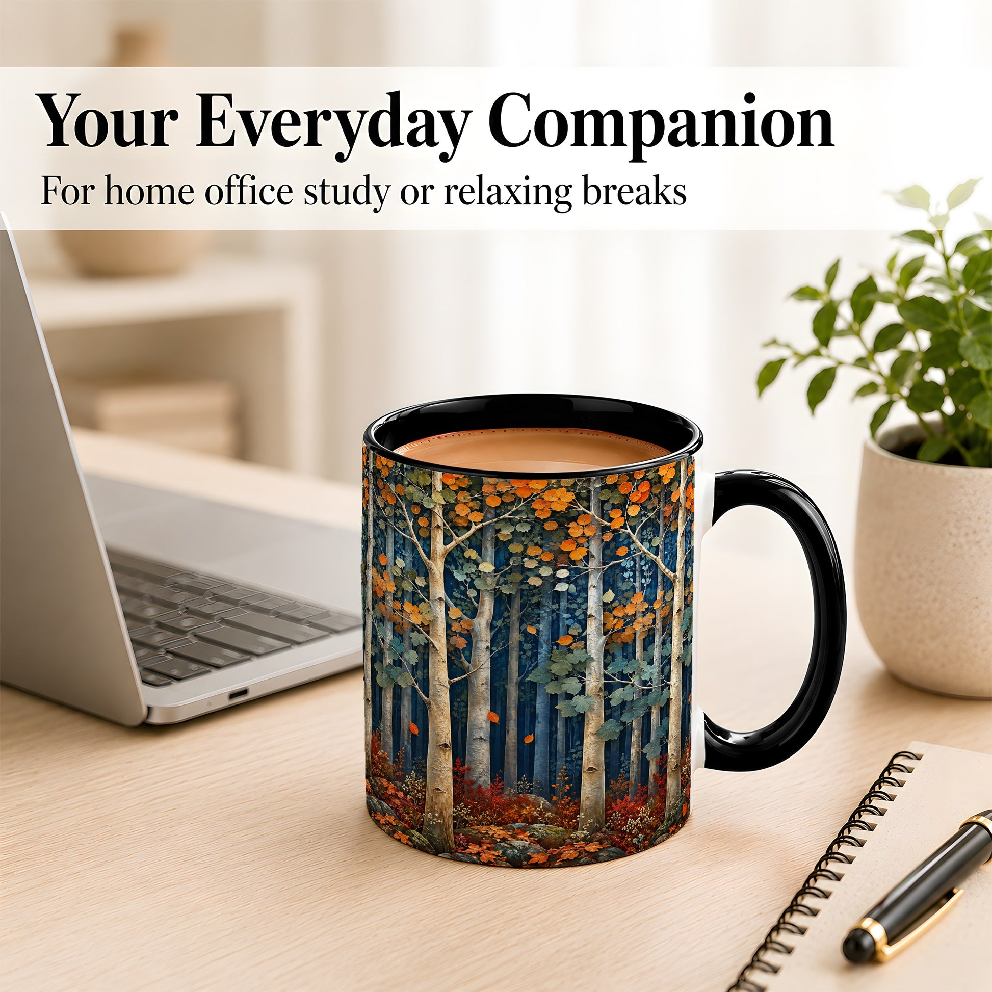 #pl[11oz|Black] Painterly Birch Grove Coffee Mug, Autumn Woodland Mug, Ceramic Cup
