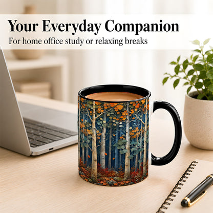 #pl[11oz|Black] Painterly Birch Grove Coffee Mug, Autumn Woodland Mug, Ceramic Cup