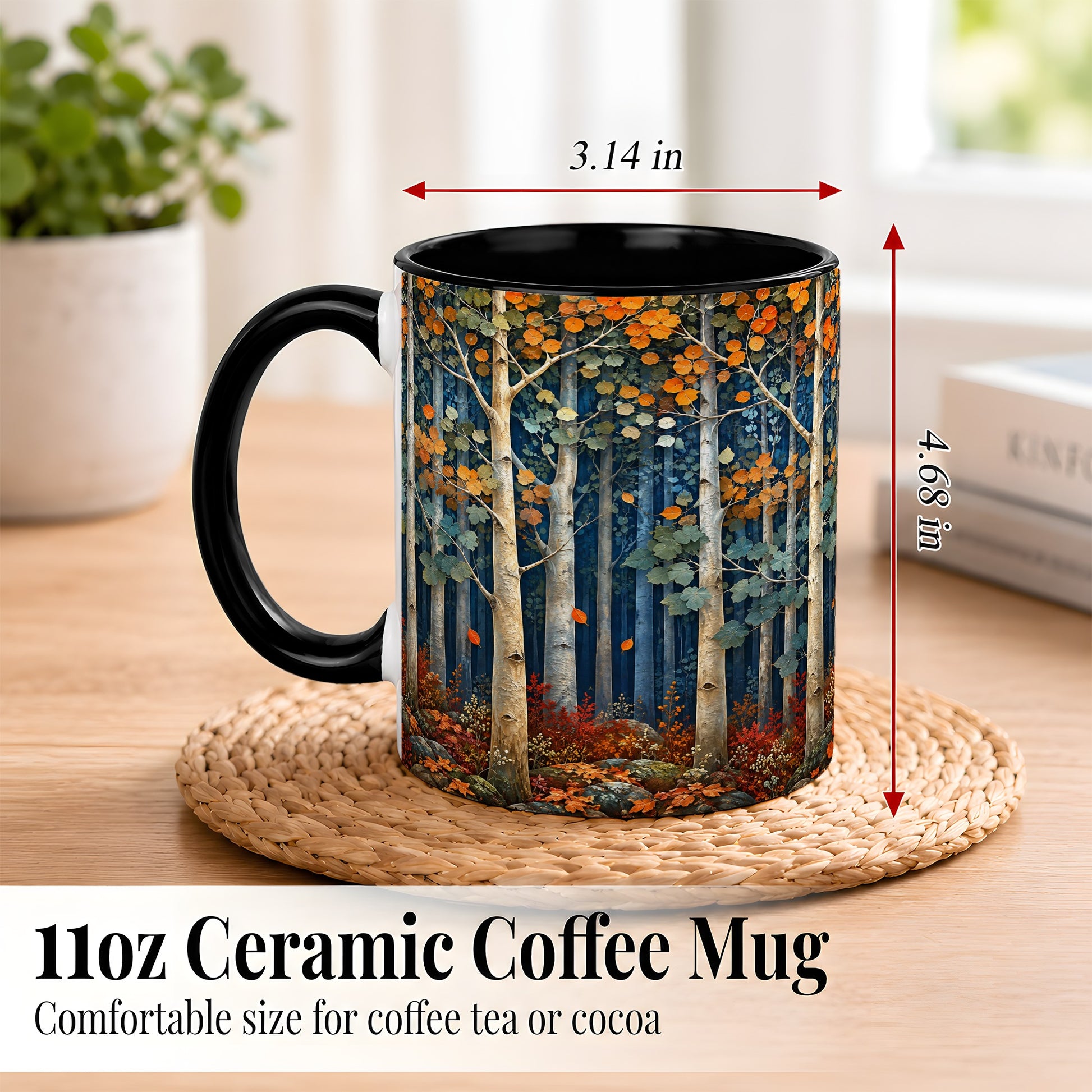 #pl[11oz|Black] Painterly Birch Grove Coffee Mug, Autumn Woodland Mug, Ceramic Cup