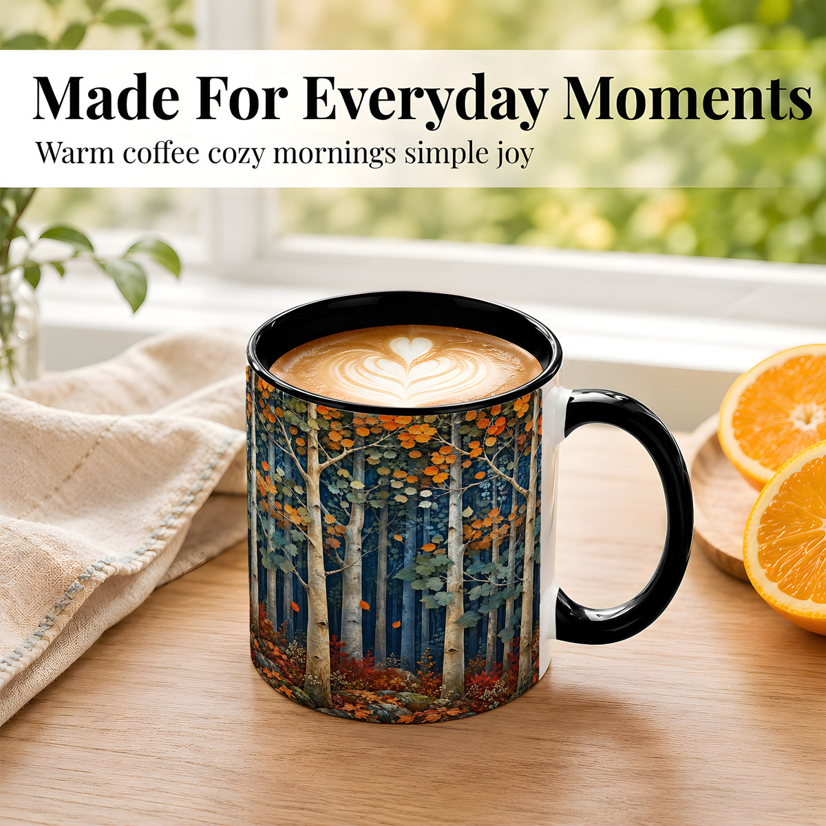 #pl[11oz|Black] Painterly Birch Grove Coffee Mug, Autumn Woodland Mug, Ceramic Cup