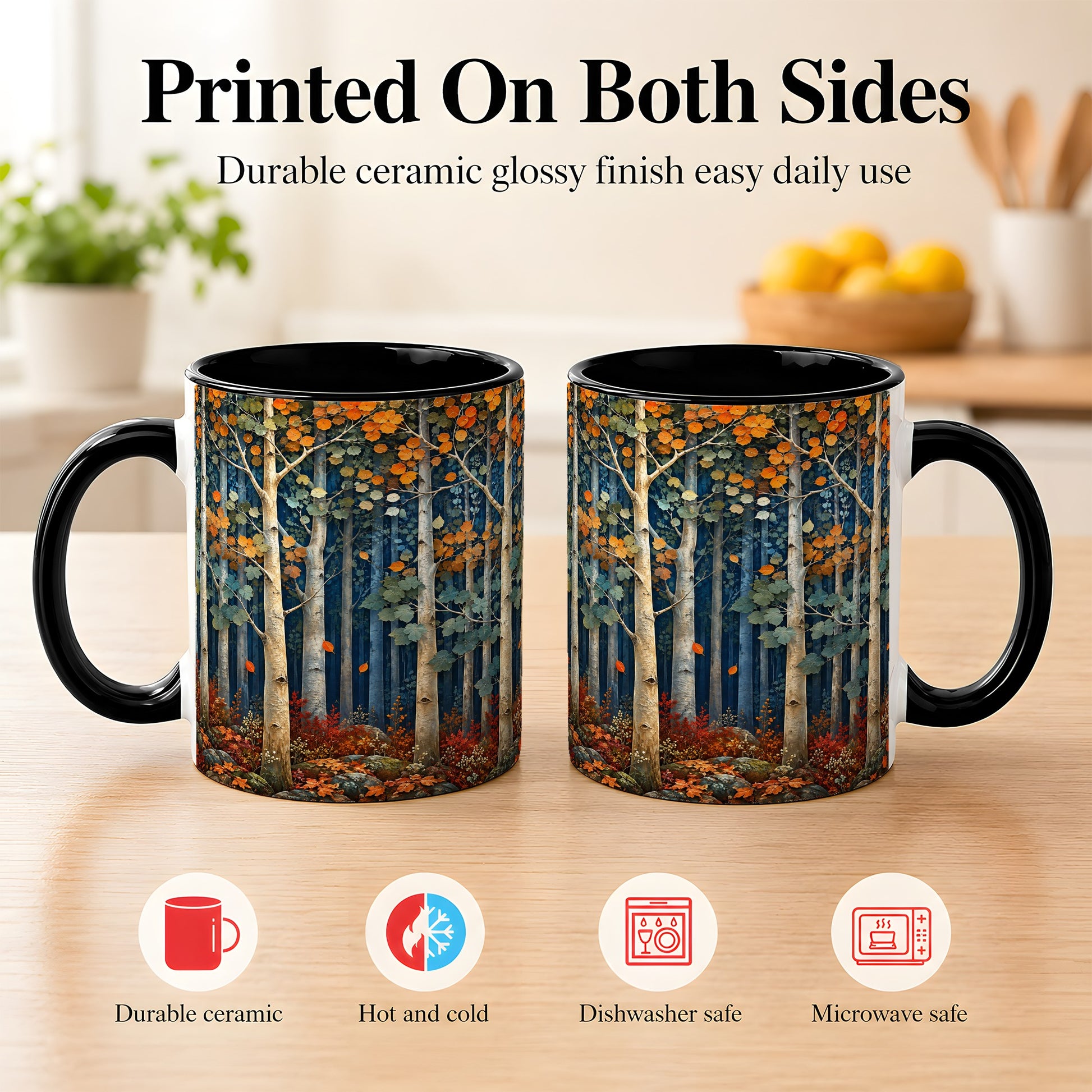 #pl[11oz|Black] Painterly Birch Grove Coffee Mug, Autumn Woodland Mug, Ceramic Cup