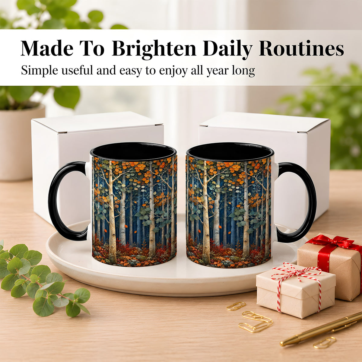#pl[11oz|Black] Painterly Birch Grove Coffee Mug, Autumn Woodland Mug, Ceramic Cup