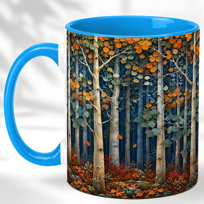 #pl[11oz|Blue] Painterly Birch Grove Coffee Mug, Autumn Woodland Mug, Ceramic Cup