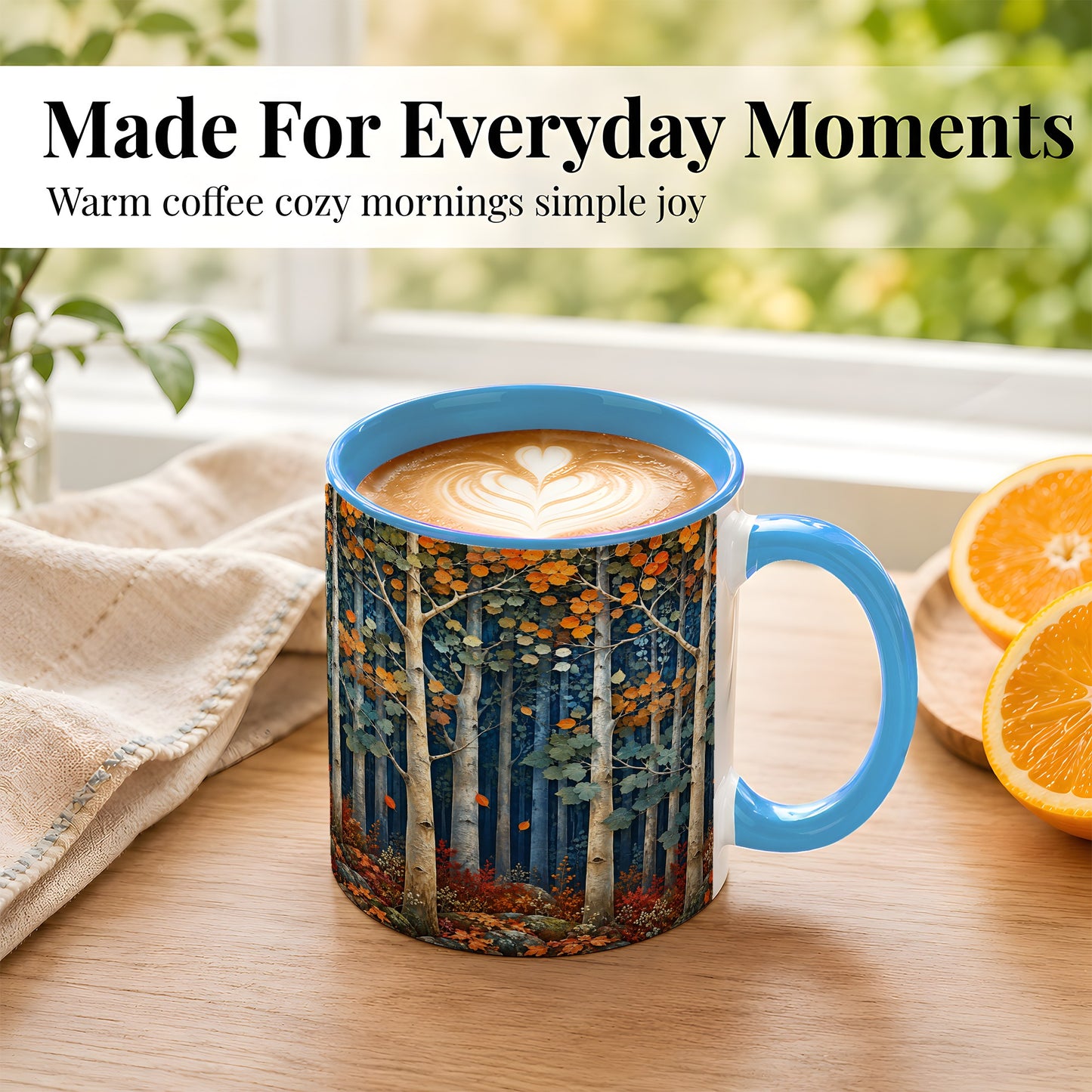 #pl[11oz|Blue] Painterly Birch Grove Coffee Mug, Autumn Woodland Mug, Ceramic Cup