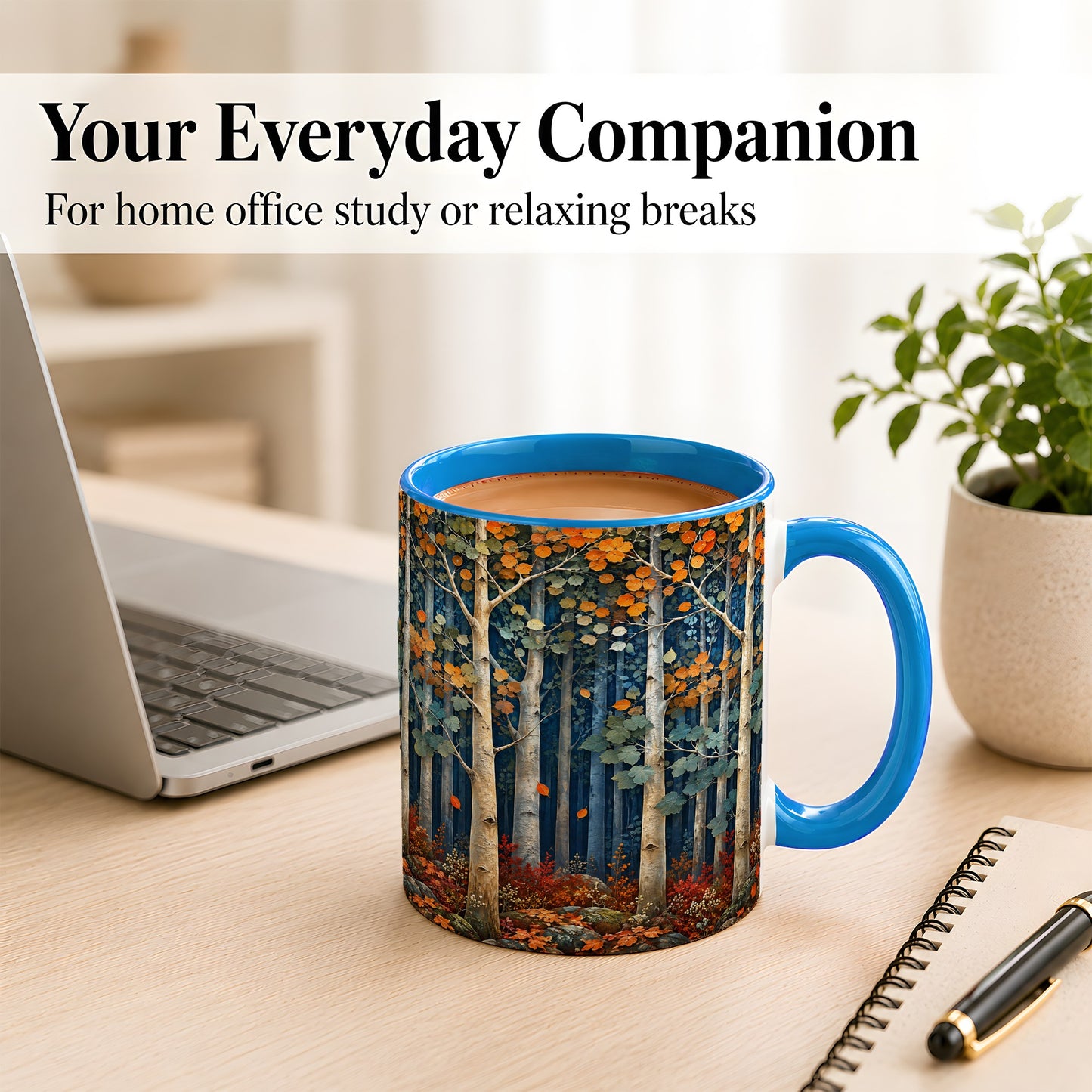 #pl[11oz|Blue] Painterly Birch Grove Coffee Mug, Autumn Woodland Mug, Ceramic Cup