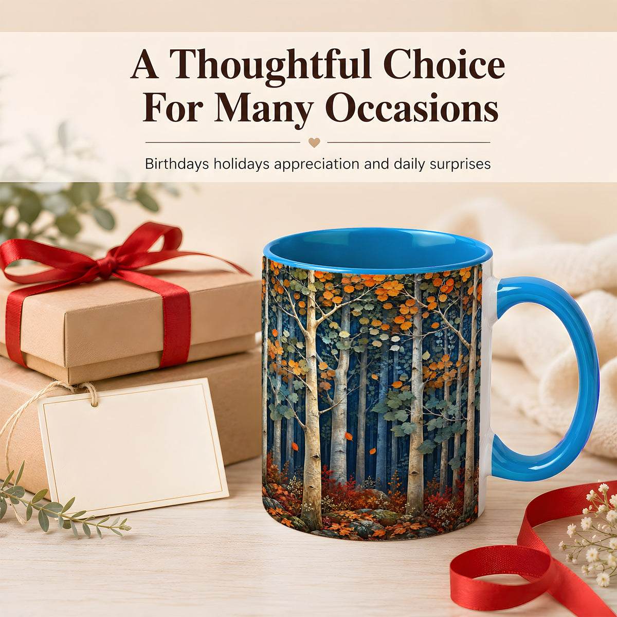 #pl[11oz|Blue] Painterly Birch Grove Coffee Mug, Autumn Woodland Mug, Ceramic Cup