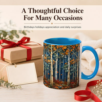 #pl[11oz|Blue] Painterly Birch Grove Coffee Mug, Autumn Woodland Mug, Ceramic Cup