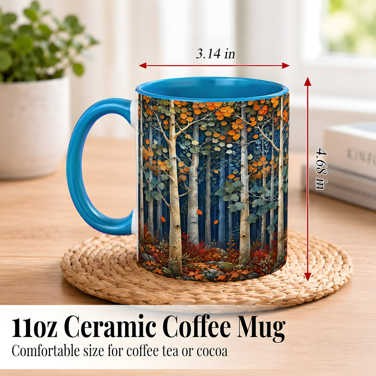 #pl[11oz|Blue] Painterly Birch Grove Coffee Mug, Autumn Woodland Mug, Ceramic Cup