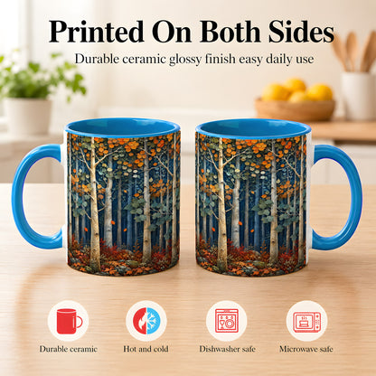 #pl[11oz|Blue] Painterly Birch Grove Coffee Mug, Autumn Woodland Mug, Ceramic Cup
