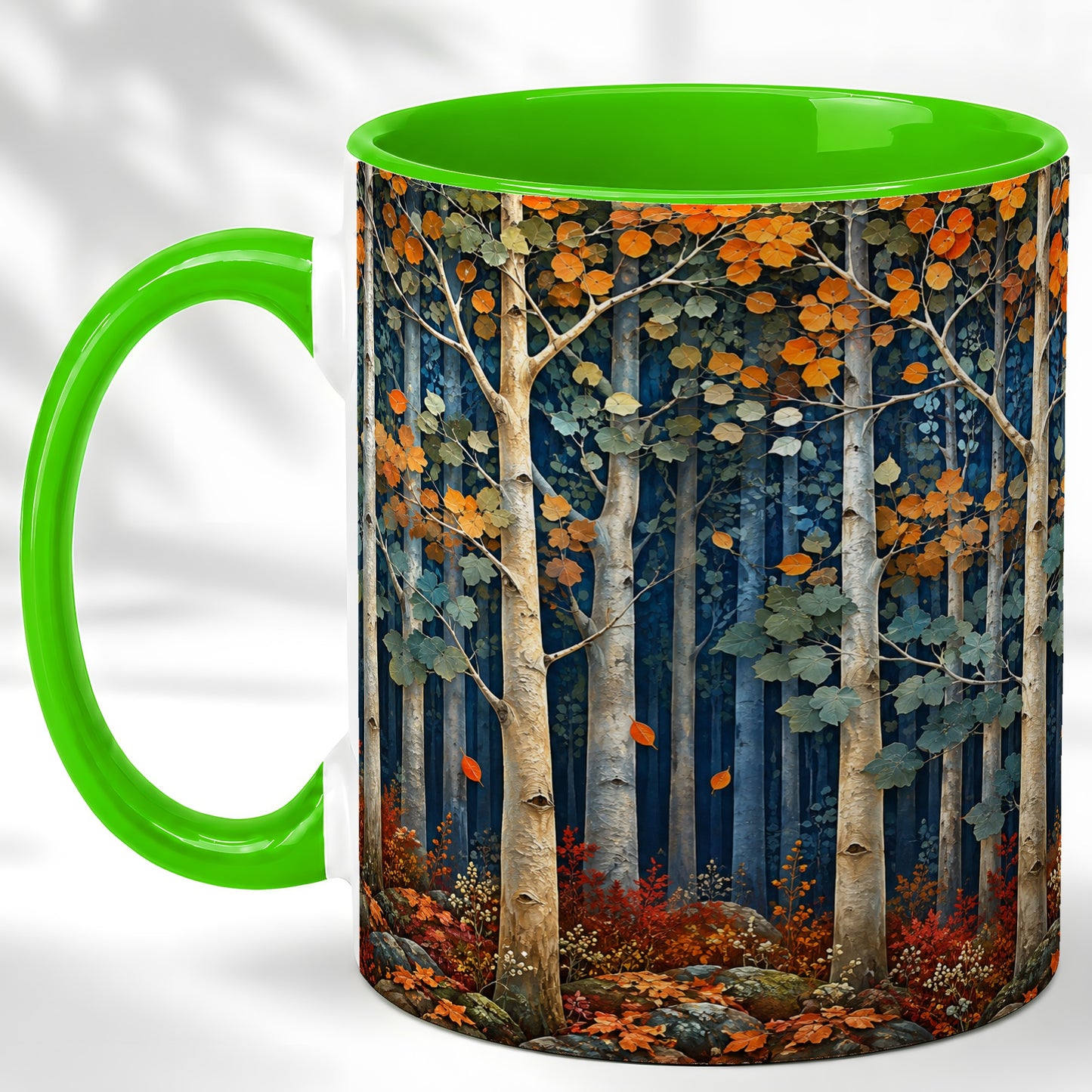 #pl[11oz|Green] Painterly Birch Grove Coffee Mug, Autumn Woodland Mug, Ceramic Cup