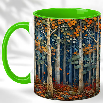 #pl[11oz|Green] Painterly Birch Grove Coffee Mug, Autumn Woodland Mug, Ceramic Cup