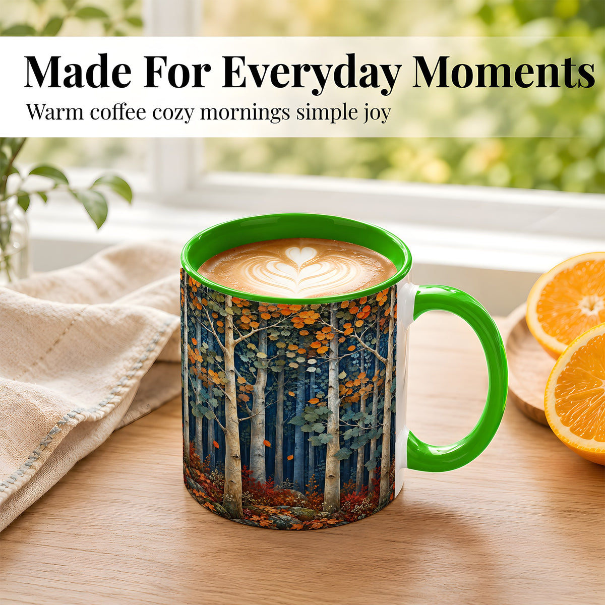 #pl[11oz|Green] Painterly Birch Grove Coffee Mug, Autumn Woodland Mug, Ceramic Cup